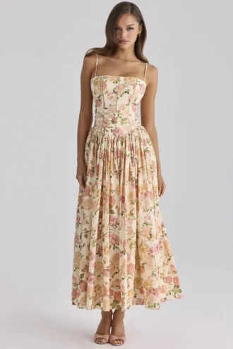 Ysabella Warm Rose Print Cotton Midi Sommerkjoler