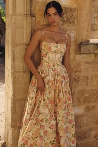 Ysabella Warm Rose Print Cotton Midi Sommerkjoler