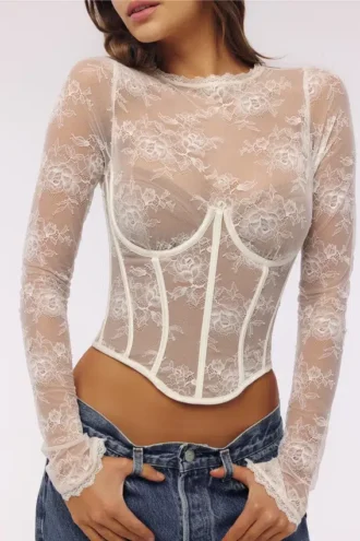 Zoe Vintage elfenbensfarget langermet korsetter-top i blonder