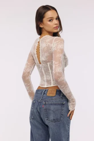 Zoe Vintage elfenbensfarget langermet korsetter-top i blonder