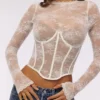 Zoe Vintage elfenbensfarget langermet korsetter-top i blonder